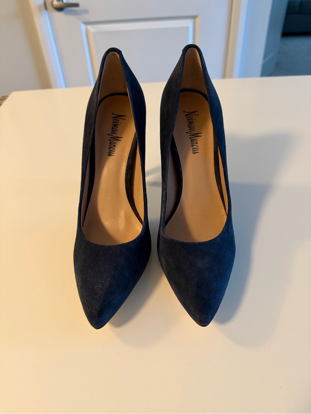 Neiman Marcus Navy Suede Pointed Toe Pumps